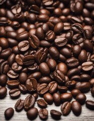 roasted arabica coffee beans top view, dark wooden background, copy space for text
