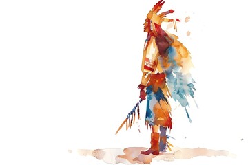 Fototapeta premium Navajo United States Man, Minimalistic watercolor, on a white background, cute and comical with empty copy space.