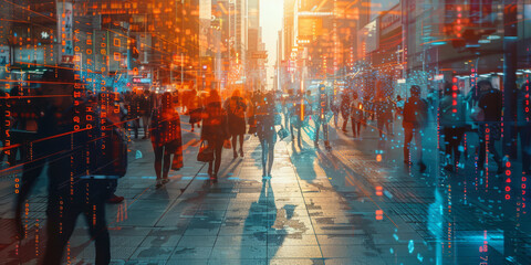 Futuristic Urban Sidewalk with Crowds and Digital Overlays