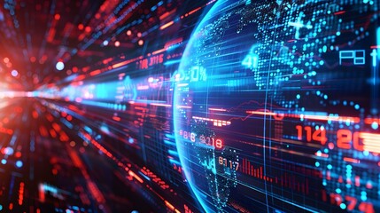 Abstract news background with globe and stock market data, glowing light effects in blue, red and white colors, with motion blur.
