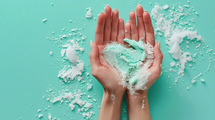 Woman's hands apply moisturizer cream on pastel turquoise background with copyspace. Skincare concept.