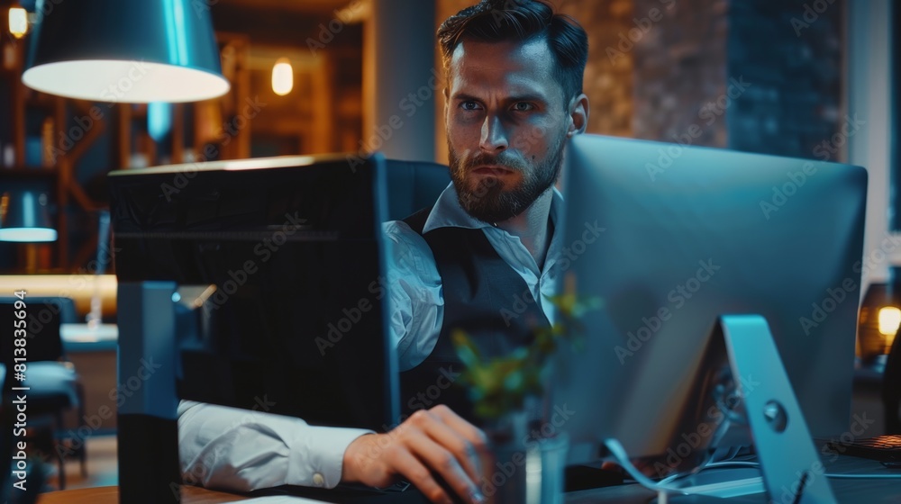 Poster stylish handsome manager working on desktop computer analyzing business projects, finance data. empl