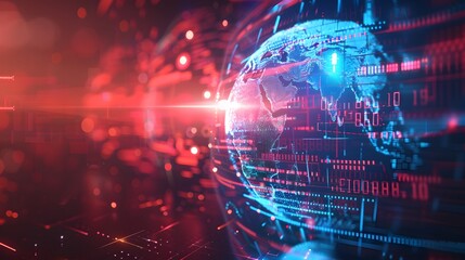 Fototapeta premium Abstract news background with globe and stock market data, glowing light effects in blue, red and white colors, with motion blur. 