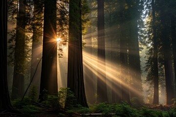 Idyllic Redwood forest sunrays. Bark natural. Generate Ai