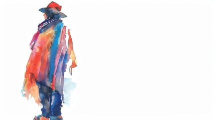 Mapuche Chile and Argentina Man, Minimalistic watercolor, on a white background, cute and comical with empty copy space.