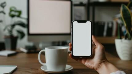 Close-up image of a female holding a smartphone white screen mockup over a blurred cafe in the background. - Powered by Adobe