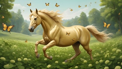Craft a scene with a golden horse frolicking in a