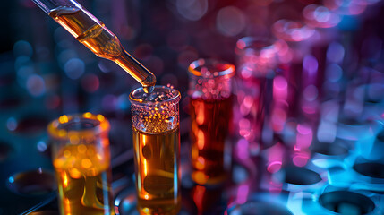 A series of test tubes with liquids in them, one of which is being poured into another. Concept of scientific experimentation and discovery