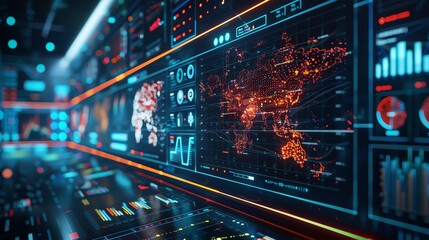 Fototapeta premium Machine learning algorithms processing real-time epidemiological data, a global health monitoring center with digital maps and graphs