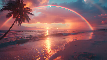 Photo realistic sunset beach: Beautiful rainbow in the evening sky, serene and stunning scenery above the beach.