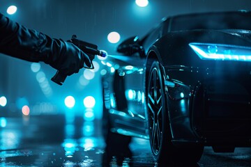 Close-up of automotive painter with spray gun, Gloved hand holding pistol, ominous scene with car and rain-soaked street under city lights.