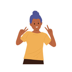 Cute happy girl child cartoon character showing v sign gesture feeling excited and positive