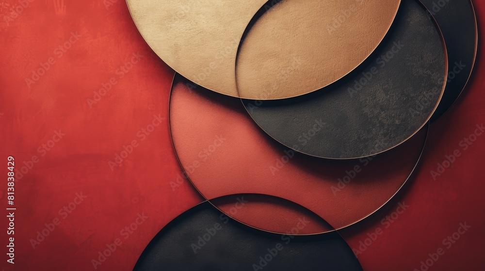 Aufkleber A collection of circular shapes with various textures arranged on a red surface, creating an abstract design.