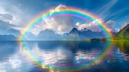 A vibrant rainbow arches over a tranquil mountain lake reflecting a spectrum of colors on the water   Photo realistic concept