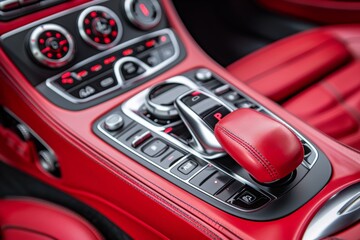 Interior car detailing, close-up on cleaning and restoration, Premium red leather interior car with meticulous detailing, including gear shift, controls dials bathed in ambient light, exuding luxury.