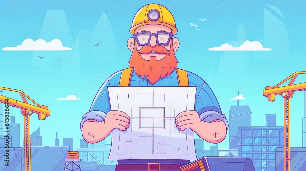 Poster modern illustration of a doodle concept with an architect holding blueprint on a background of engin