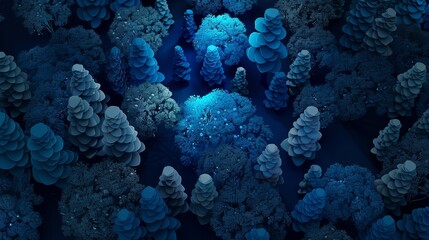 Night forest flat design, top view, night theme, 3D render, Analogous Color Scheme