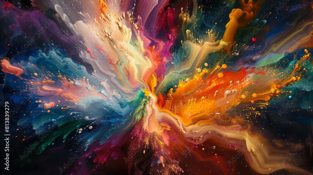 Poster A vivid burst of paint resembling a cosmic event, showcasing a blend of rich colors and dynamic movement.
