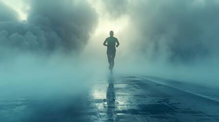 Photo realistic silhouette of a runner in the morning mist, capturing the essence of morning fitness routines in nature on Adobe Stock