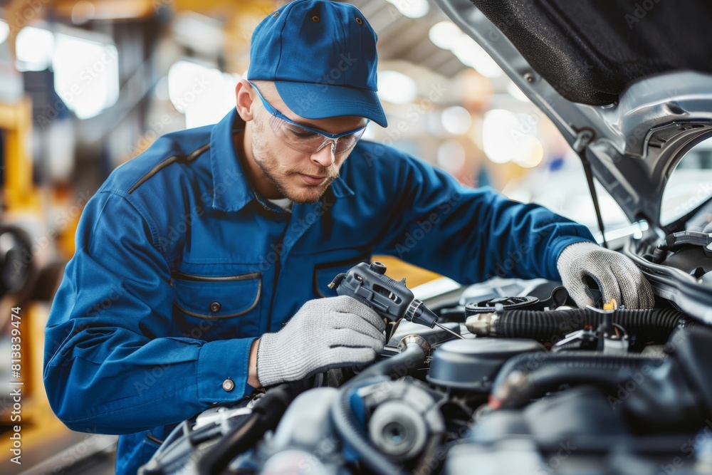 Sticker Mechanic diagnosing car issues with modern diagnostic tools,  Concentrated mechanic in blue coveralls and cap inspects engine part, diagnostic device in hand.