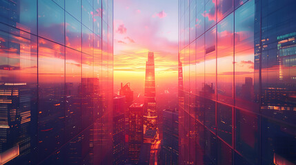 Sunset Reflections on City Skyscrapers: A Photo Realistic View of Urban Skyline Turning into a Canvas of Oranges and Purples