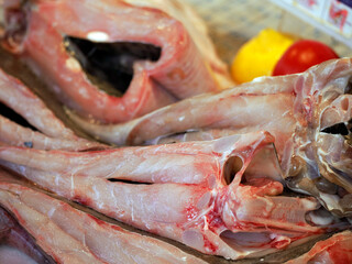 Angler fish Lophius piscatorius monkfish fresh fish seafood at Ortigia Syracuse sicily fish market...