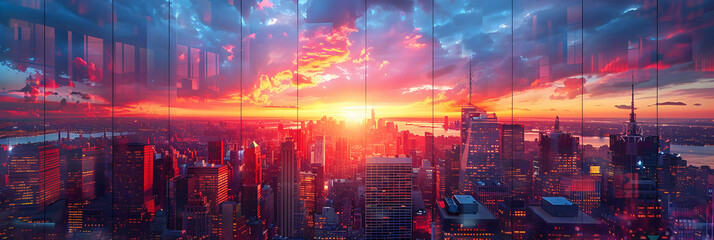 City Skyscrapers Sunset Reflections: Orange and Purple Skyline Canvas   Photo Realistic Urban Sunset Reflection on Glass Buildings Concept