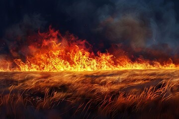 raging wildfire in a field of dry grass under dark sky digital painting