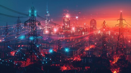 Fototapeta premium A high-tech, futuristic city skyline illuminated at night, showcasing smart grid technology with glowing energy-efficient buildings and dynamic power distribution lines.