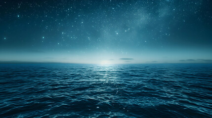 Photo realistic as Starlit Ocean Horizon concept as Stars glitter along the oceans horizon merging sea and sky into a seamless tapestry of natural splendor.