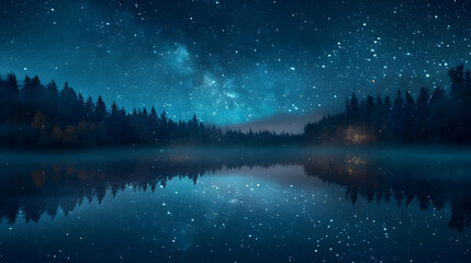 Starry Lake Reflections: Stars Reflecting on Glassy Surface, Enhancing Night s Tranquility