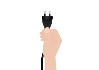 Hand Holding Electric Plug. Save Energy and Electricity Concept. Vector Illustration. 