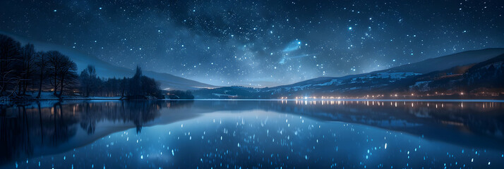 Photo realistic as Starry Lake Reflections concept: Stars reflect on the glassy surface of a serene lake, doubling the starry spectacle and enhancing the night s tranquility   Phot