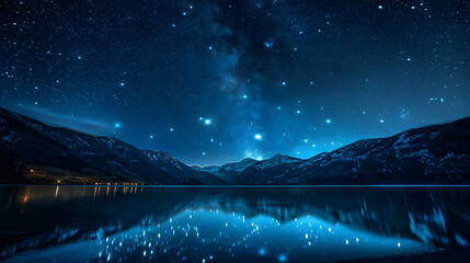Enchanting Starry Lake: Stars Reflected on Glassy Surface, Enhancing Night s Tranquility   Photo Stock Concept