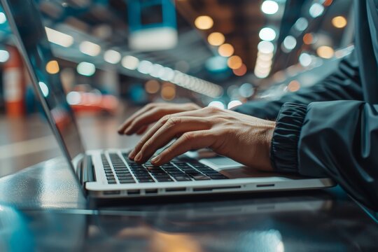 Mechanic using a laptop for car diagnostics, Hand typing on laptop, blurred car in garage backdrop, indicative of digital diagnostics or programming in vehicle maintenance.