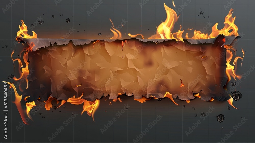 Poster burnt paper edge isolated on transparent background with flames and black ash. modern realistic bord