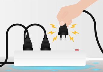 Electricity Short Circuit. Wet Electric Socket which can cause Electric Shock. Do not use Electricity when it Wet. Vector Illustration. 