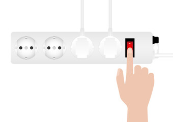 Hand Turning On and Off Electric Socket. Save Energy and Electricity Concept. Vector Illustration. 