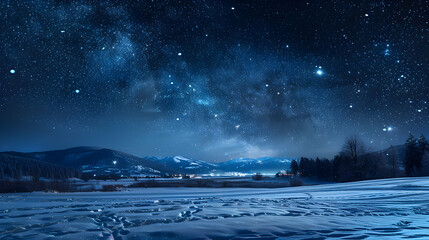 A Winter Wonderland: Starry Sky Illuminates Snowy Landscape in a Pristine Night Scene