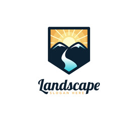 Mountain landscape logo template with sun and river creek illustration