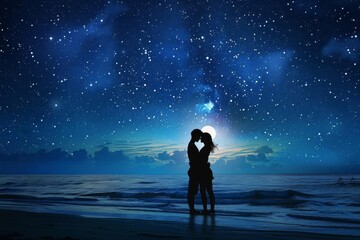 loving couple embraces on the beach at night silhouetted against a breathtaking starry sky concept illustration - Powered by Adobe