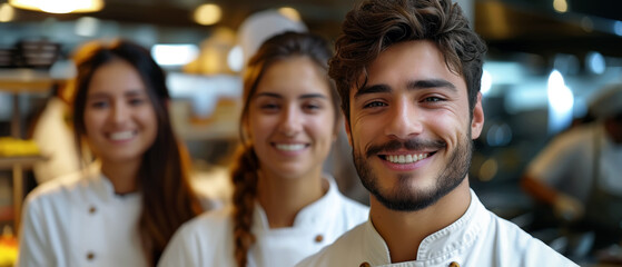 A trio of young chefs smiling confidently in a bustling restaurant kitchen. Team of Young Chefs in a Busy Restaurant Kitchen