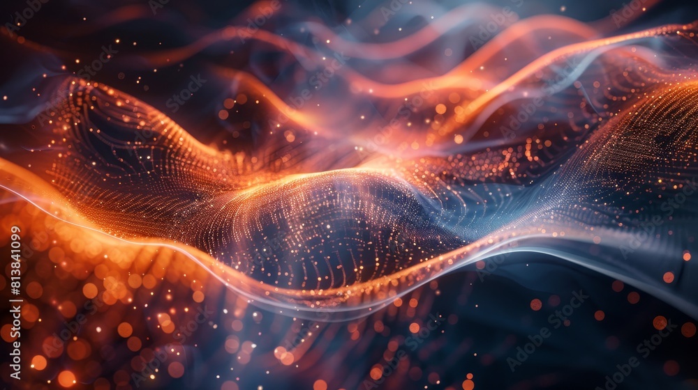 Poster an abstract depiction of quantum mechanics, illustrating the wave-particle duality of quantum partic