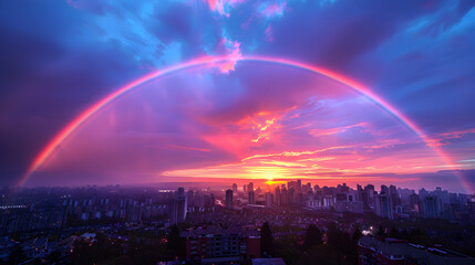 Photo realistic concept of Suburban Sunset Rainbow: A stunning view of a suburban skyline illuminated by a sunset rainbow, offering residents a mesmerizing end of day scene