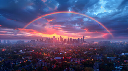 Captivating Suburban Sunset Rainbow: A Photo Realistic Dreamy Skyline Scene Illuminated by a Beautiful Rainbow at Dusk   Perfect Concept for Urban Living