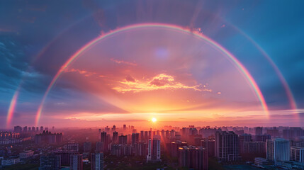 Captivating Suburban Sunset Rainbow Over the City Skyline, a Spectacular View for Residents   Photo Realistic Concept in Adobe Stock