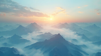 Photo realistic Sunrise Over Misty Mountains: Early sun rays piercing mist over breathtaking natural wallpapers