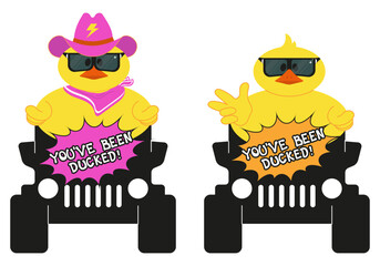  Set with duck that wears cowboy hat and sunglasses. Duck on a car. Vector illustration on white background