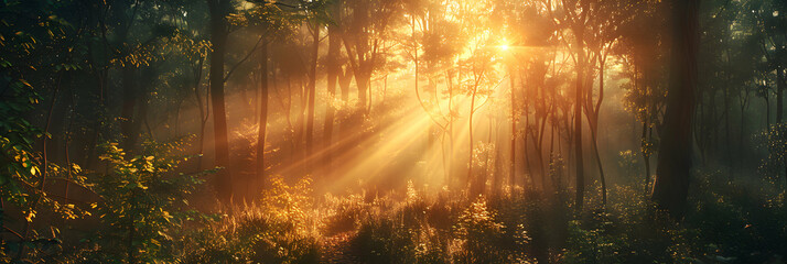 Enchanting Sunset Through Dense Forest: Rays of Setting Sun Filter, Painting Foliage in Warm Light   Photo Realistic Concept