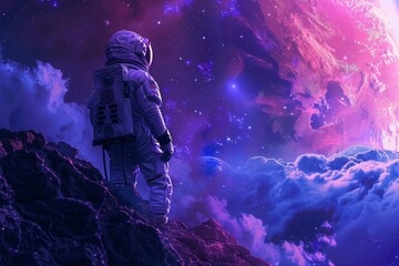A Lone Astronaut, Bathed in Starlight, Gazes upon a Vibrant Alien World